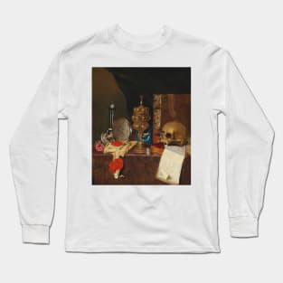 Vanitas Still Life with Vessels, Books, Documents and a Skull by Circle of Edwaert Collier Long Sleeve T-Shirt